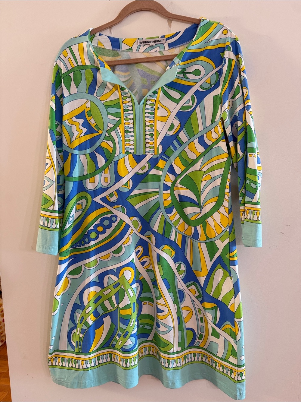 Barbara Gerwit V-Neck Abstract Print Tunic in Green, Blue & Yellow